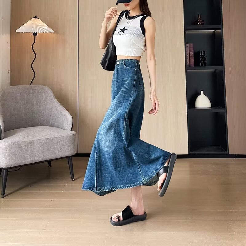 Washed Denim Midi A-Line Skirt