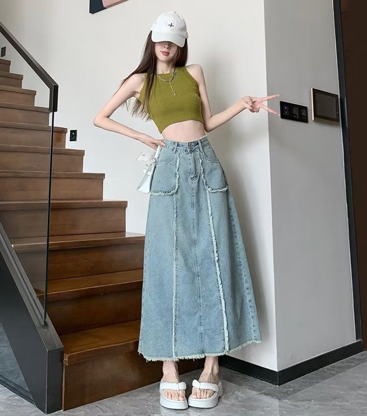 High Rise Washed Frayed Denim Midi A-Line Skirt