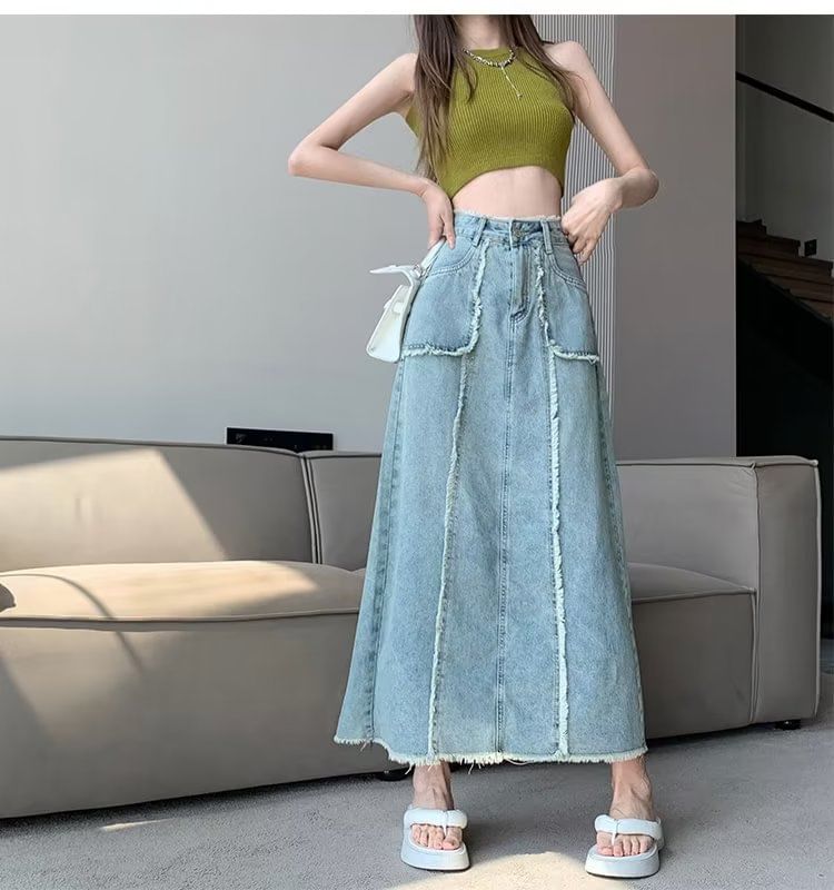 High Rise Washed Frayed Denim Midi A-Line Skirt