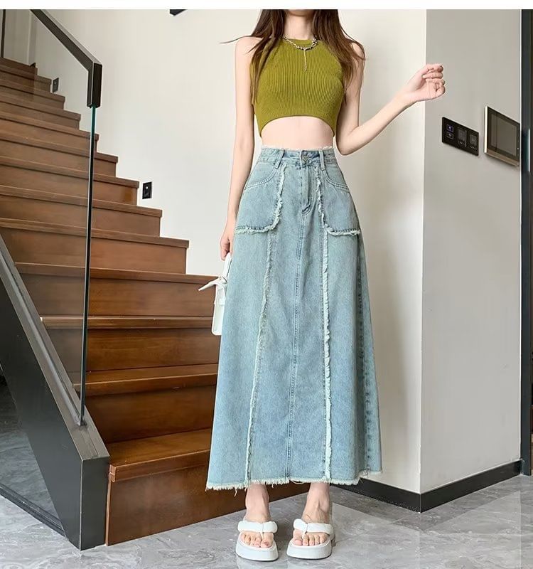 High Rise Washed Frayed Denim Midi A-Line Skirt