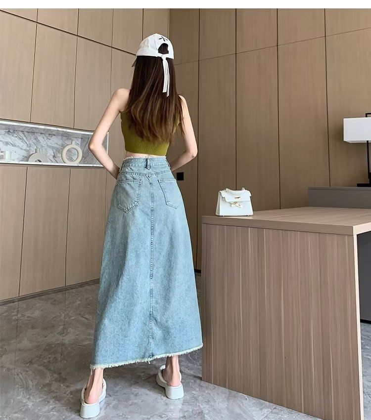 High Rise Washed Frayed Denim Midi A-Line Skirt