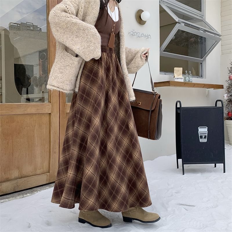 High Rise Plaid A-Line Maxi Skirt