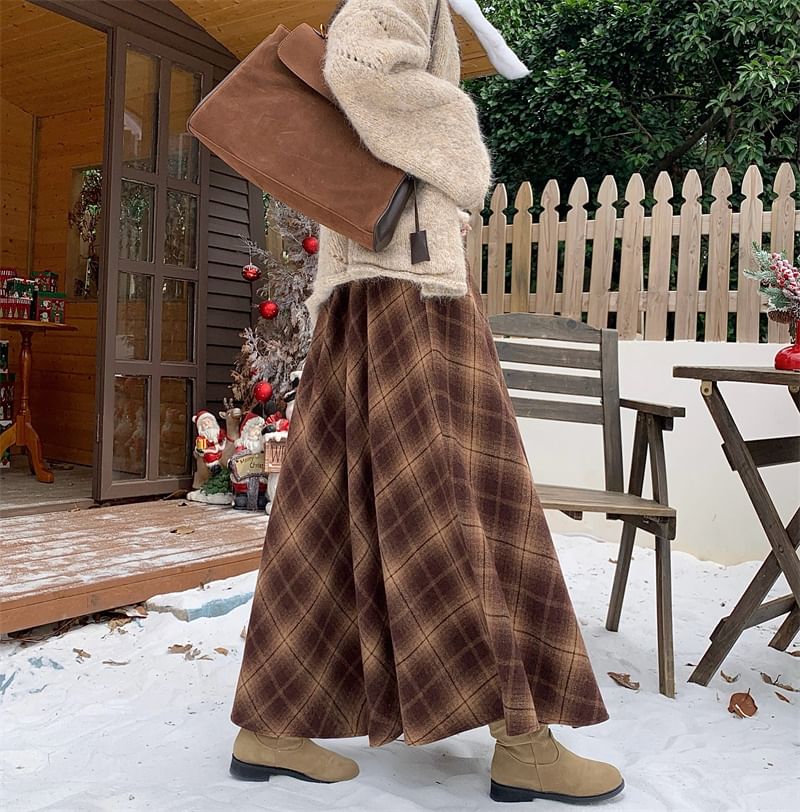 High Rise Plaid A-Line Maxi Skirt