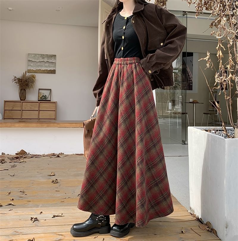 High Rise Plaid A-Line Maxi Skirt