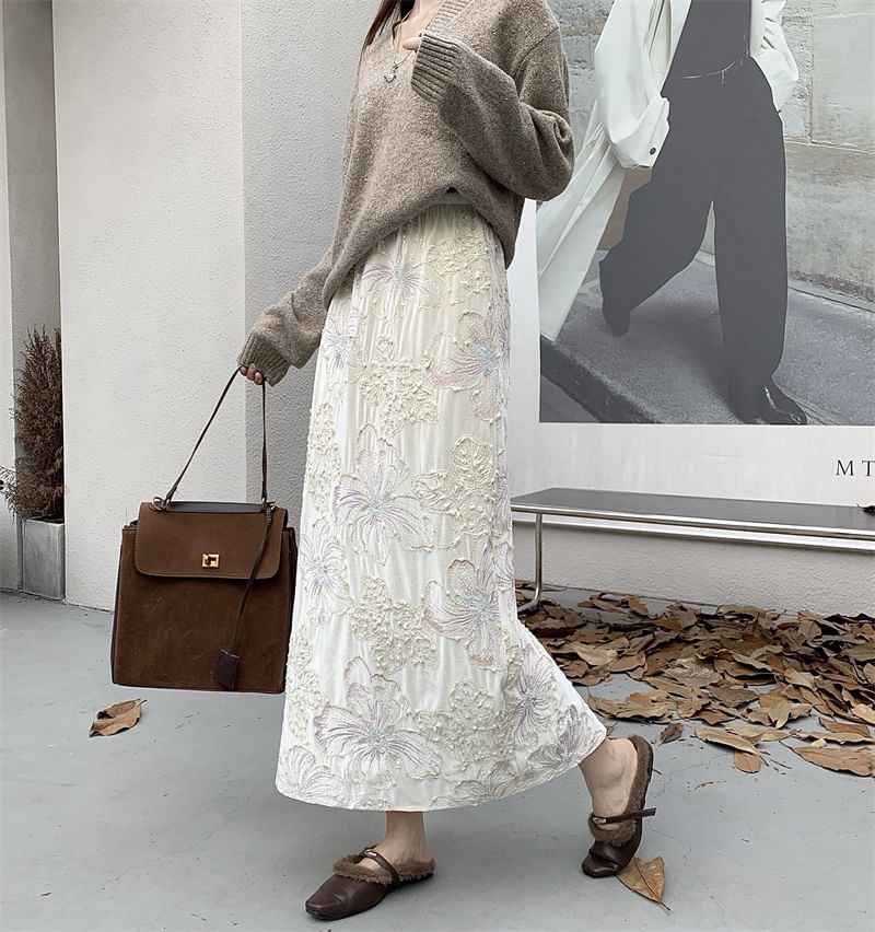 High Rise Lace Velvet Maxi Skirt