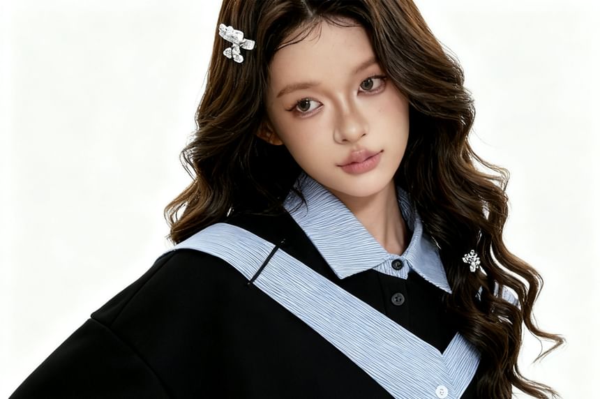 Striped Collared Pullover with Two-Piece Panel Design