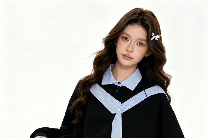 Striped Collared Pullover with Two-Piece Panel Design