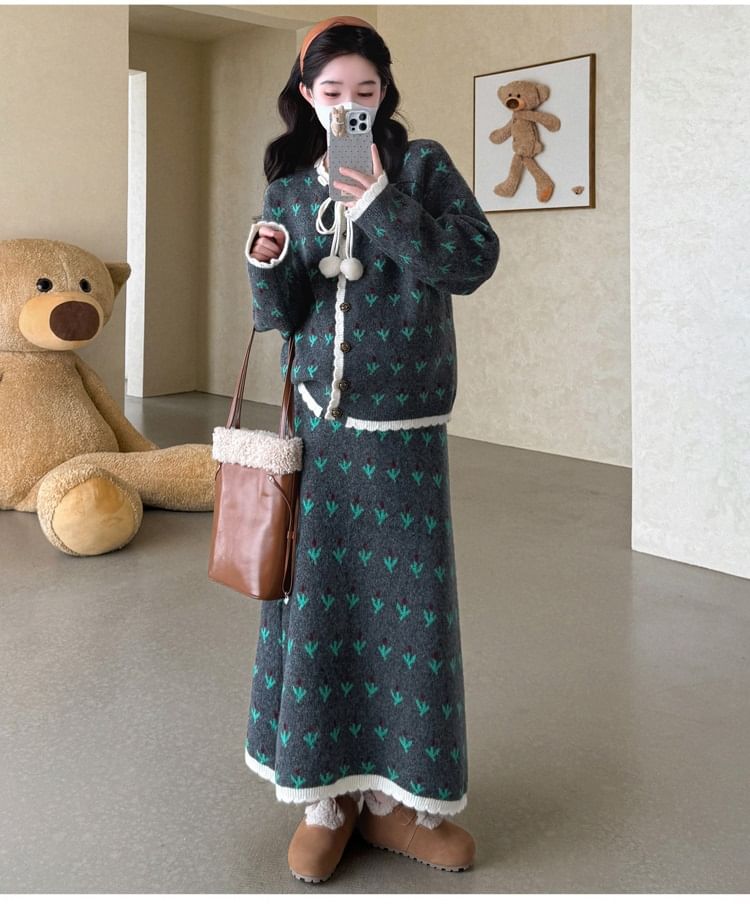 Jacquard Button Cardigan and High Waist Maxi A-Line Skirt Set