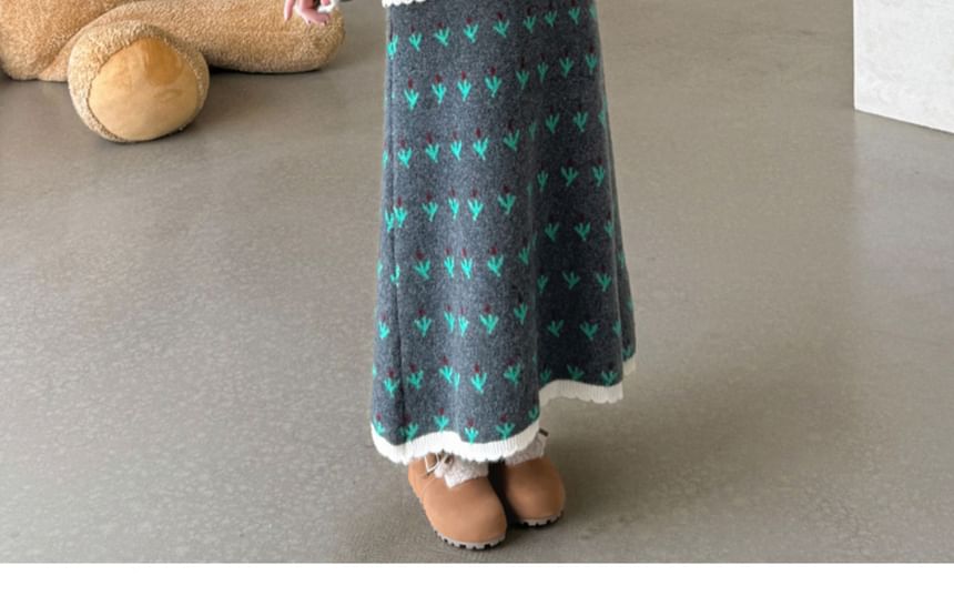 Jacquard Button Cardigan and High Waist Maxi A-Line Skirt Set