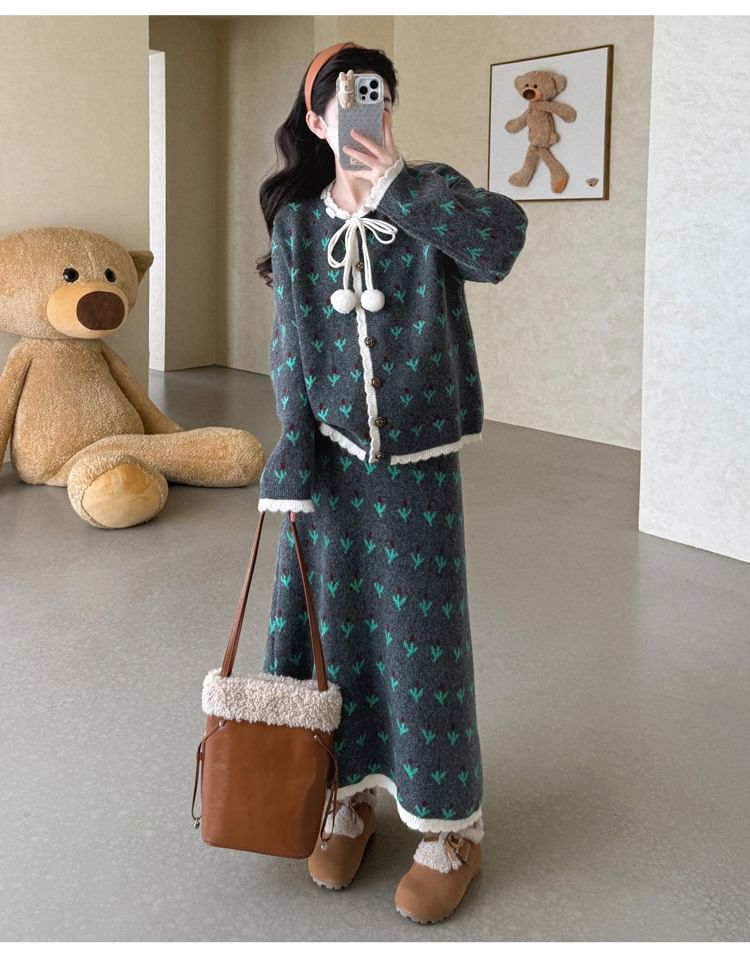 Jacquard Button Cardigan and High Waist Maxi A-Line Skirt Set