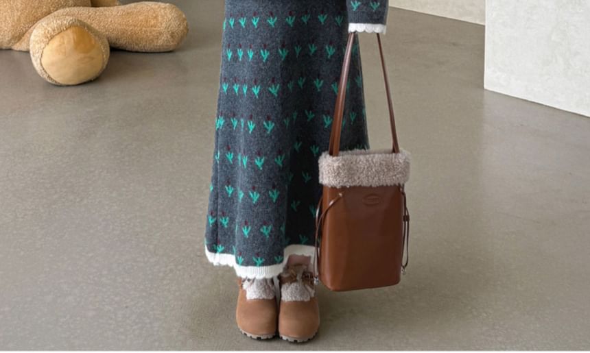Jacquard Button Cardigan and High Waist Maxi A-Line Skirt Set