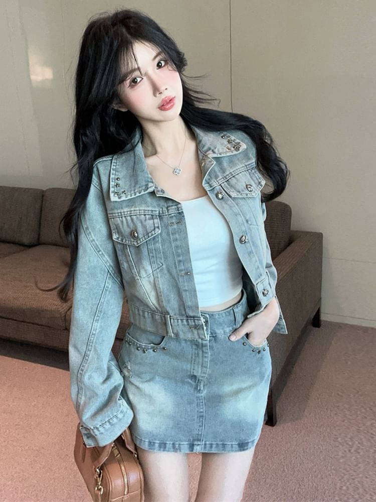 Collared Denim Jacket and Mini Skirt Set