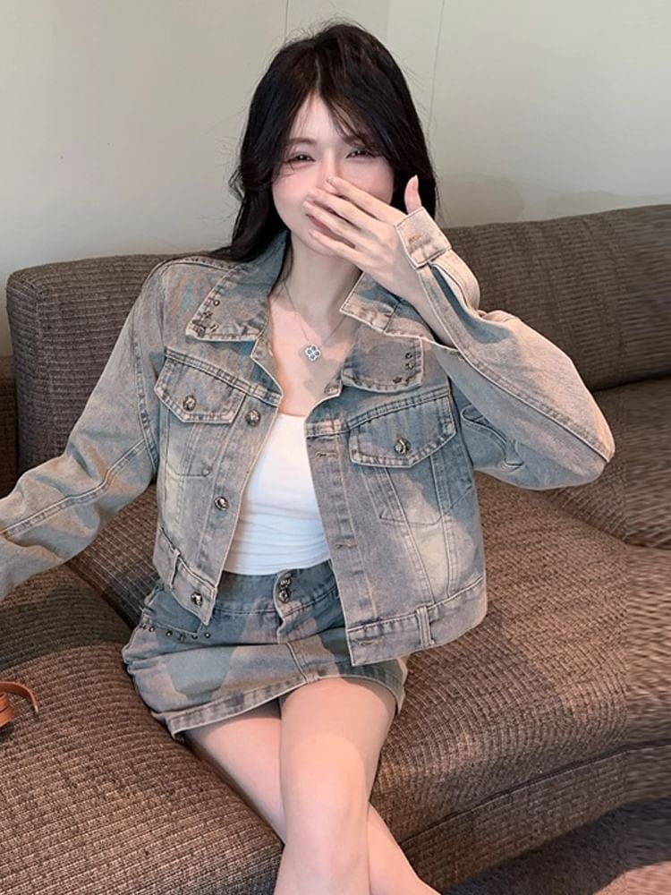 Collared Denim Jacket and Mini Skirt Set