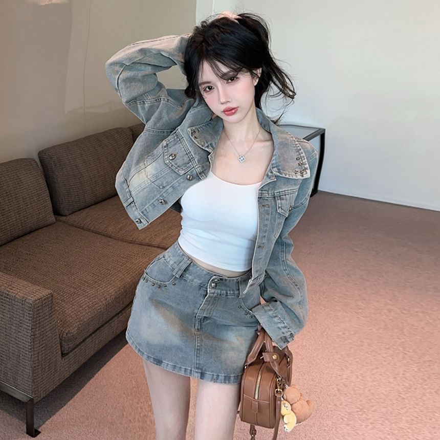Collared Denim Jacket and Mini Skirt Set