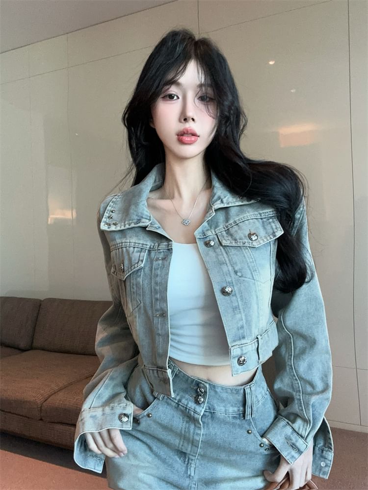 Collared Denim Jacket and Mini Skirt Set