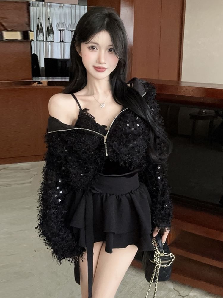 Furry V-Neck Zip Crop Cardigan and Tiered Mini Skirt