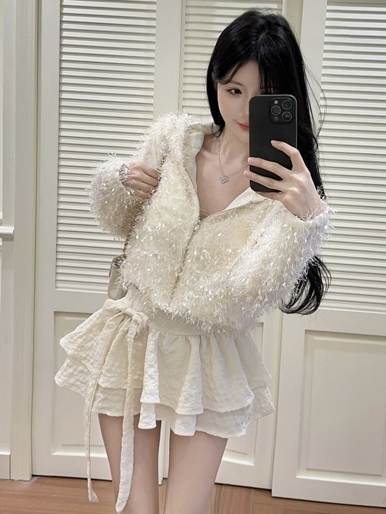 Furry V-Neck Zip Crop Cardigan and Tiered Mini Skirt
