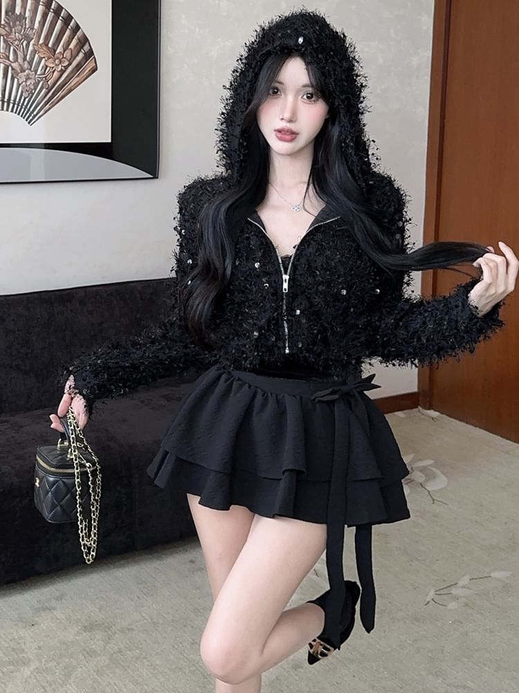 Furry V-Neck Zip Crop Cardigan and Tiered Mini Skirt