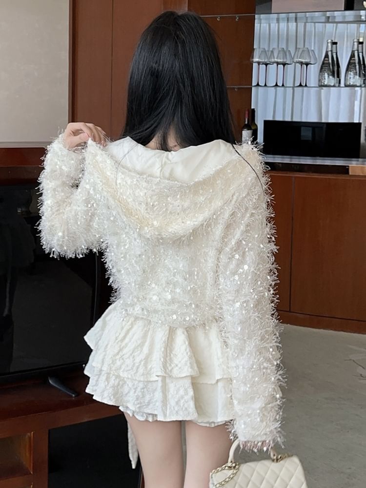 Furry V-Neck Zip Crop Cardigan and Tiered Mini Skirt