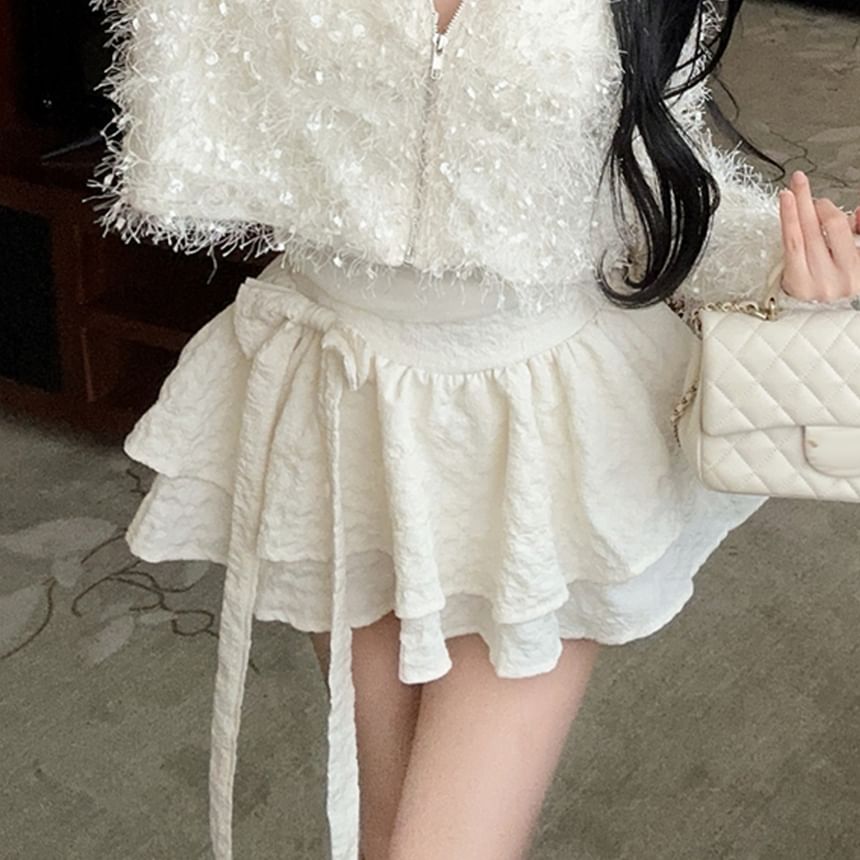 Furry V-Neck Zip Crop Cardigan and Tiered Mini Skirt