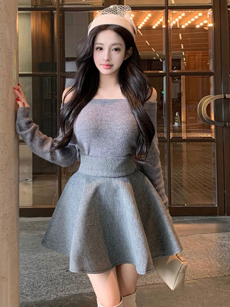 Plain Knit Long Sleeve Top and High Rise A-Line Mini Skirt