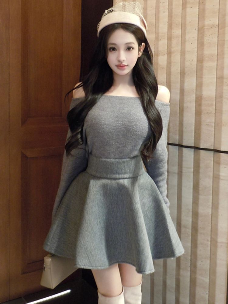 Plain Knit Long Sleeve Top and High Rise A-Line Mini Skirt