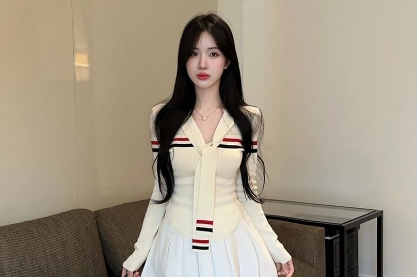 Striped Knit Long Sleeve Top and Pleated Mini Skirt