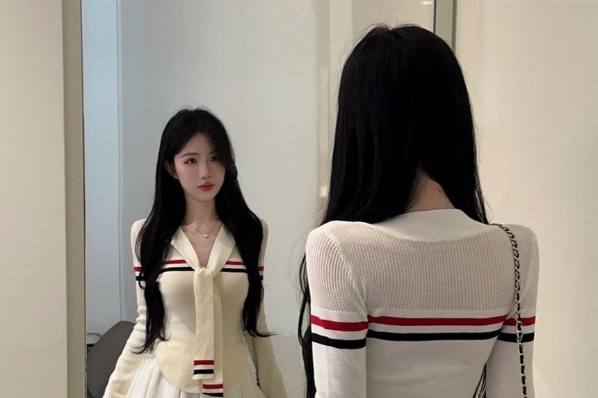 Striped Knit Long Sleeve Top and Pleated Mini Skirt