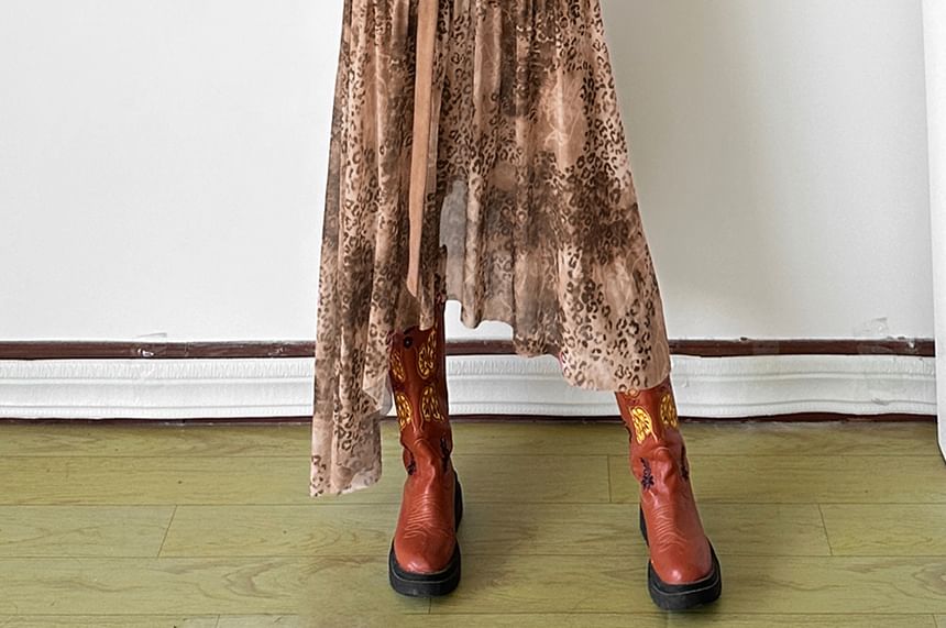 Leopard Print High Rise Asymmetrical Panel Midi A-Line Skirt