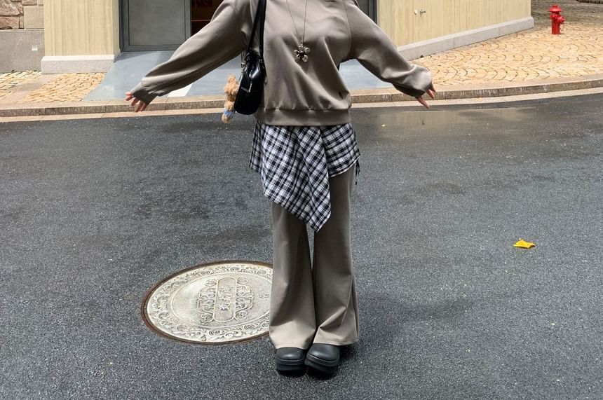 One Shoulder Sweatshirt with Plaid Skirt and Flared Pants Set