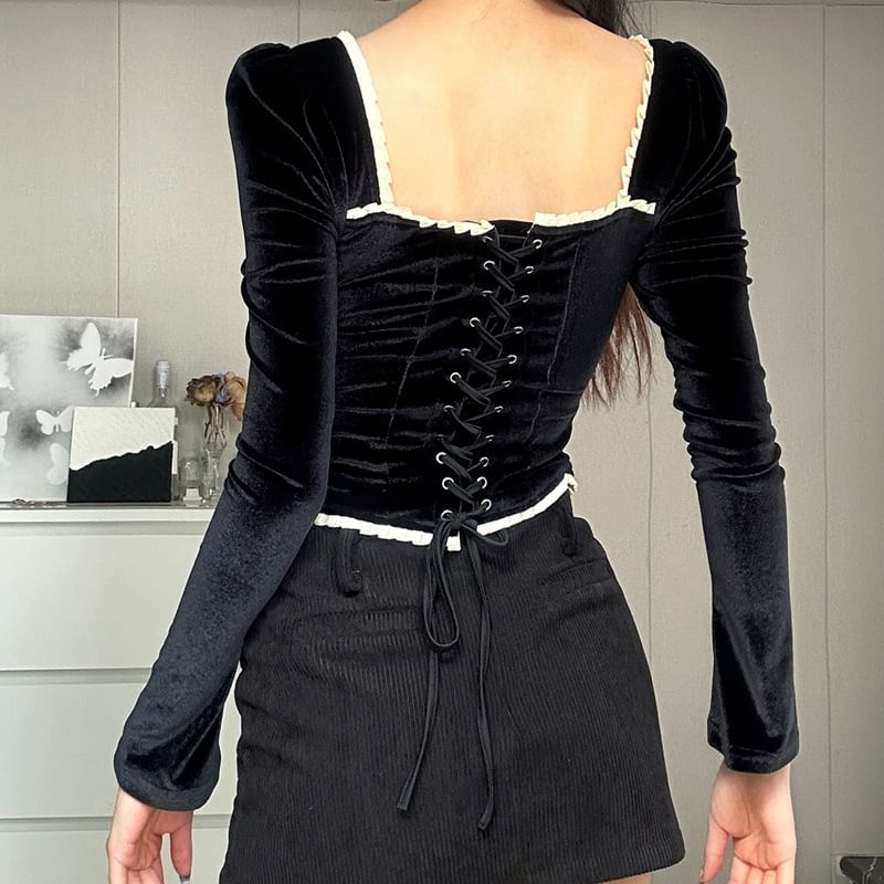 Square Neck Lace-Up Long Sleeve Top with Contrast Trim