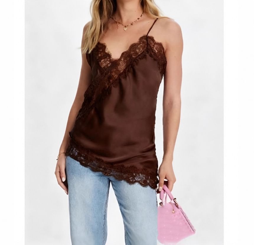 Asymmetrical V-Neck Lace Trim Camisole in Solid Color