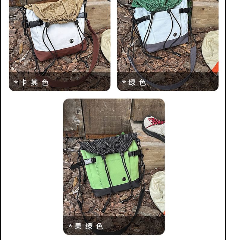 Plaid Panel Buckled Drawstring Crossbody Bag