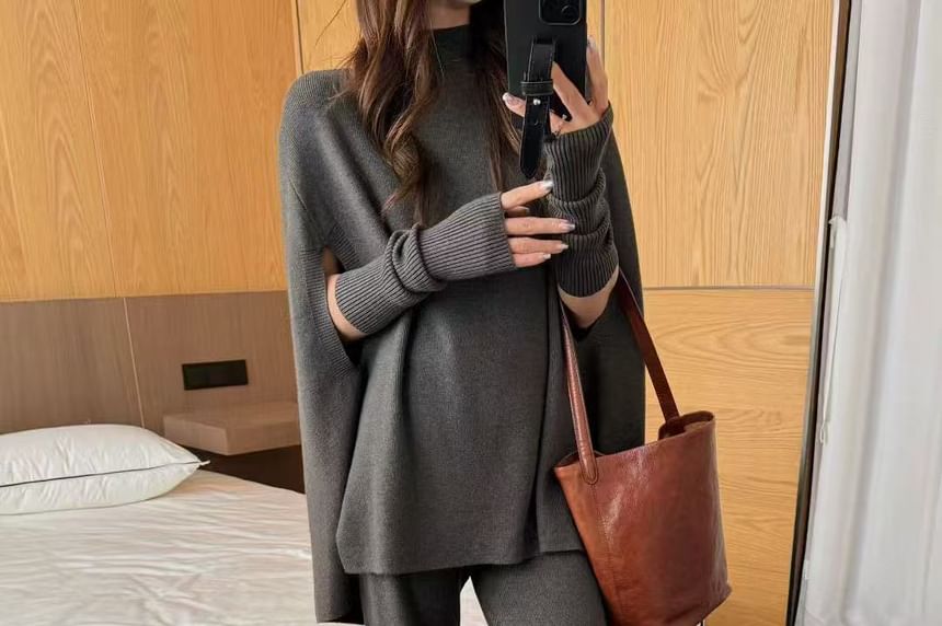 Mock Neck Cape Sweater with Flared Knit Pants and Arm Warmers