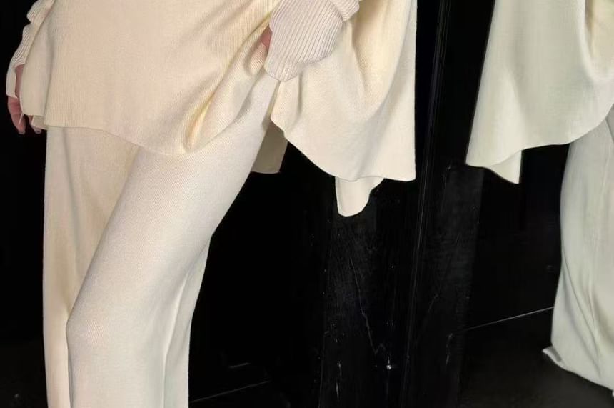 Mock Neck Cape Sweater with Flared Knit Pants and Arm Warmers