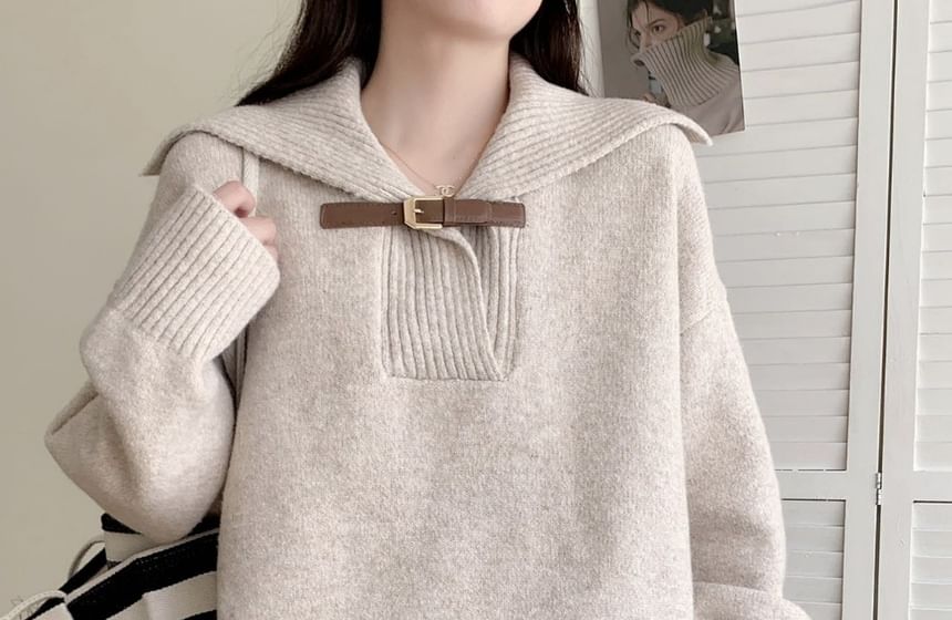 Collared Buckled Sweater with High-Rise Knit Wide-Leg Pants