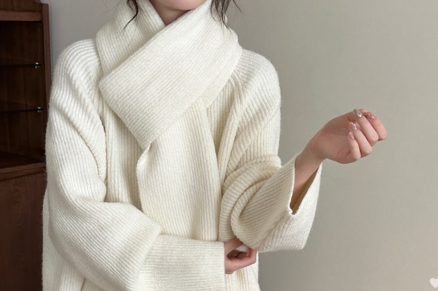 Round Neck Sweater with Cropped Wide-Leg Knit Pants and Scarf