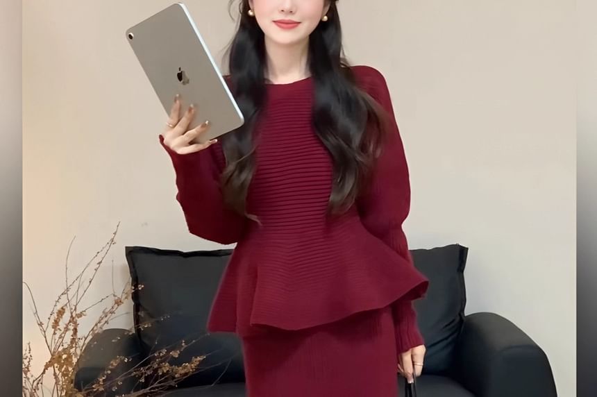 Peplum Ribbed Sweater with High-Rise Knit Pencil Skirt Set