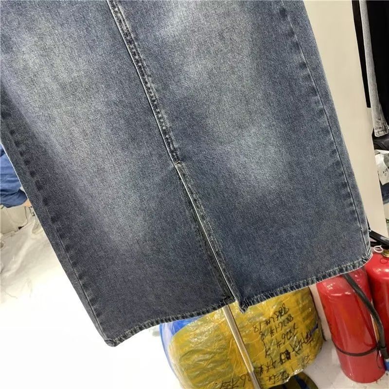 Washed Denim Midi H-Line Skirt with Button Fly and Slit
