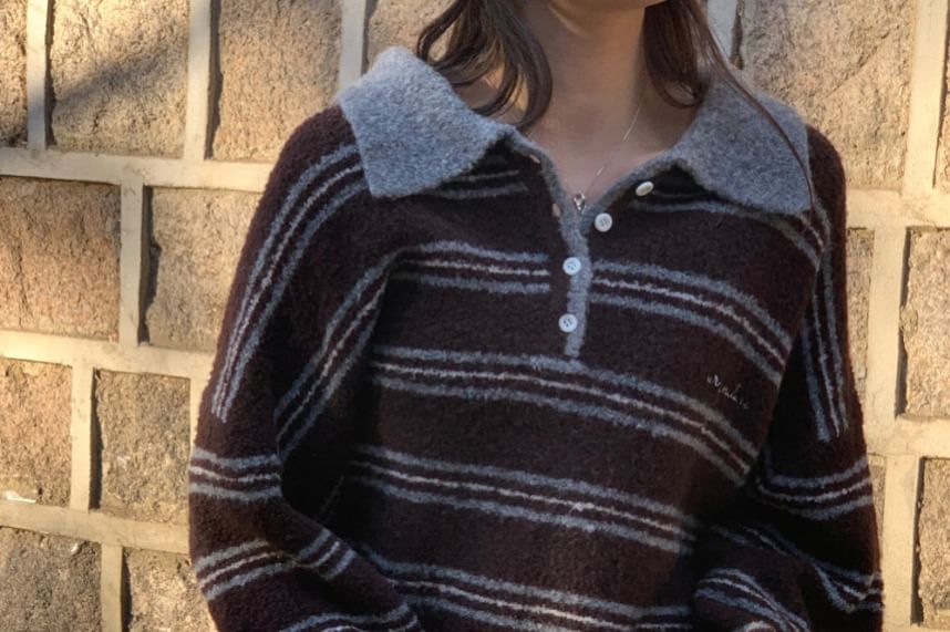 Striped Drop Shoulder Polo Sweater in Oversized Fit
