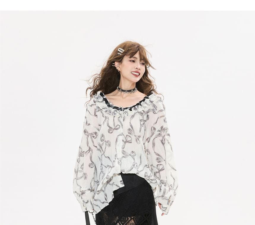 V-Neck Hooded Long Sleeve Shirt with Print