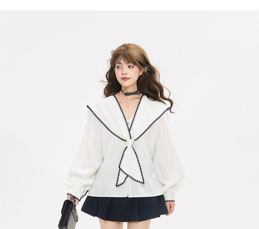 Sailor Collar Long Sleeve Shirt with Contrast Trim
