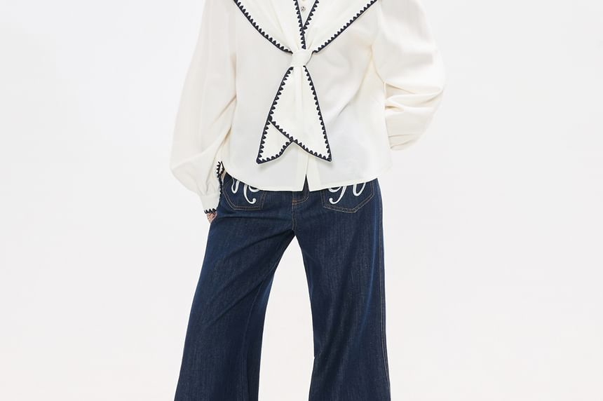 Sailor Collar Long Sleeve Shirt with Contrast Trim