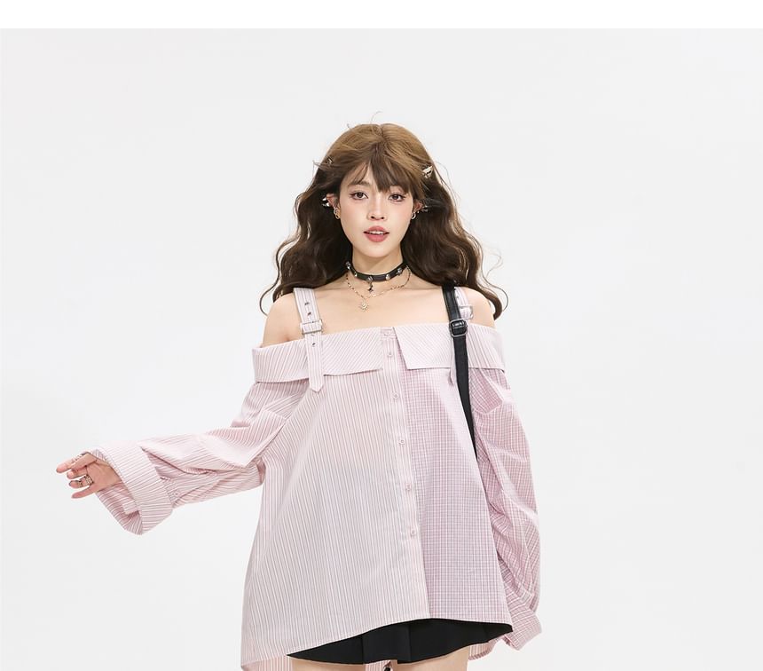 Cold Shoulder Long Sleeve Shirt with Buckle Strap Detail