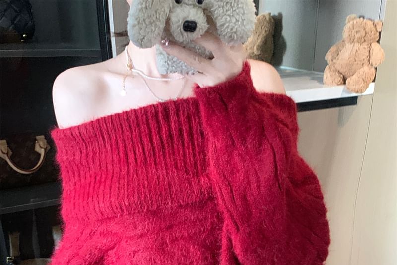 Off-Shoulder Cable-Knit Plain Sweater