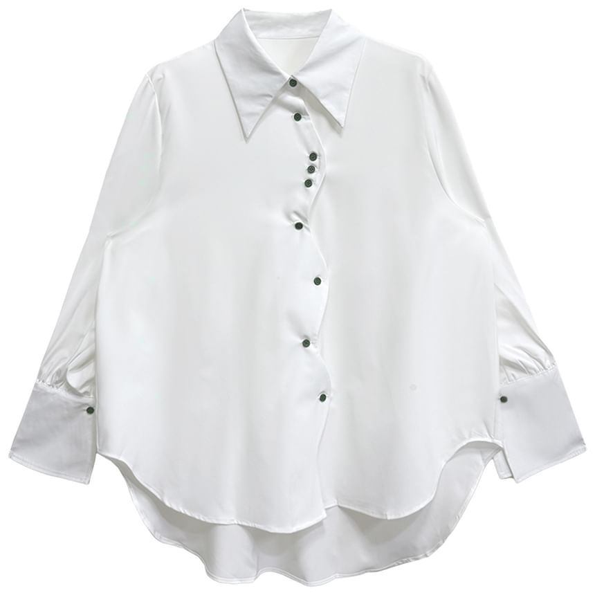 High-Low Collared Long Sleeve Shirt with Solid Color