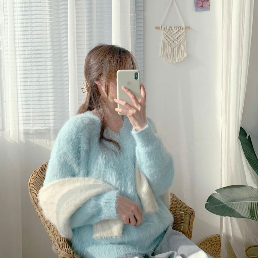 V-Neck Fluffy Soft Knit Sweater