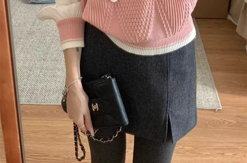 Crew Neck Sweater with Pom Pom Trim Panels