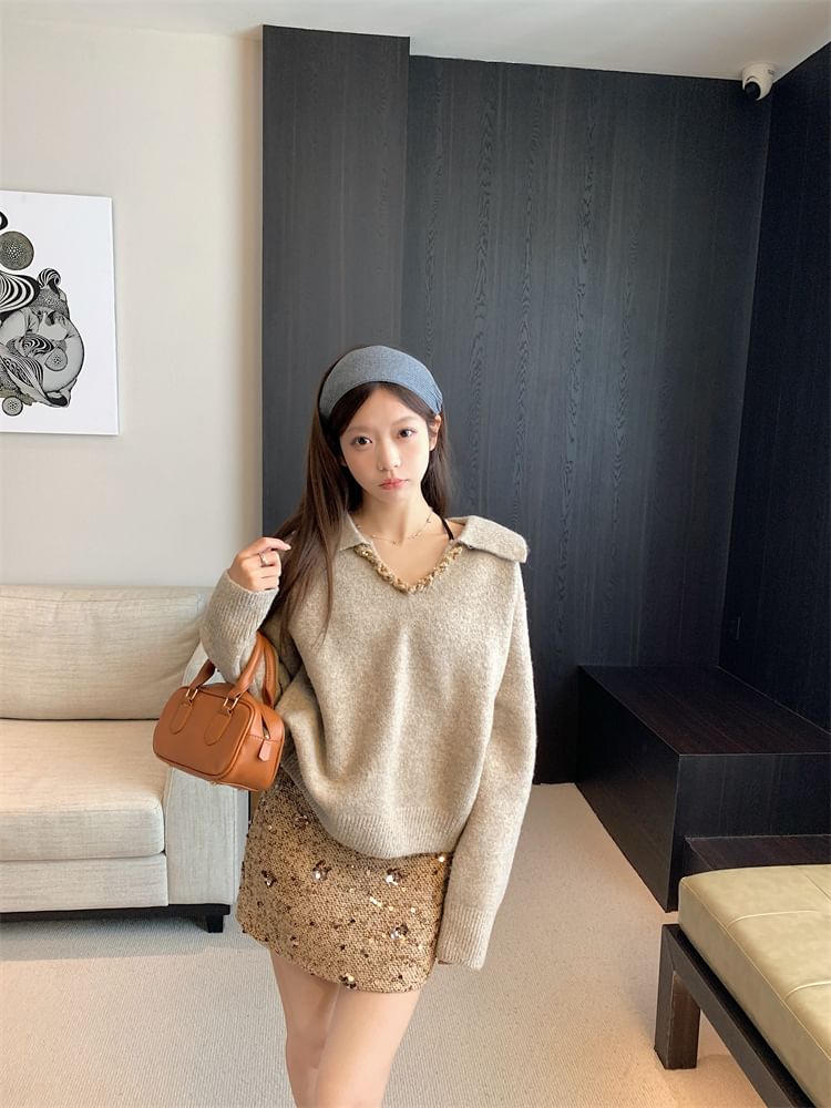 V-Neck Collared Knit Pullover