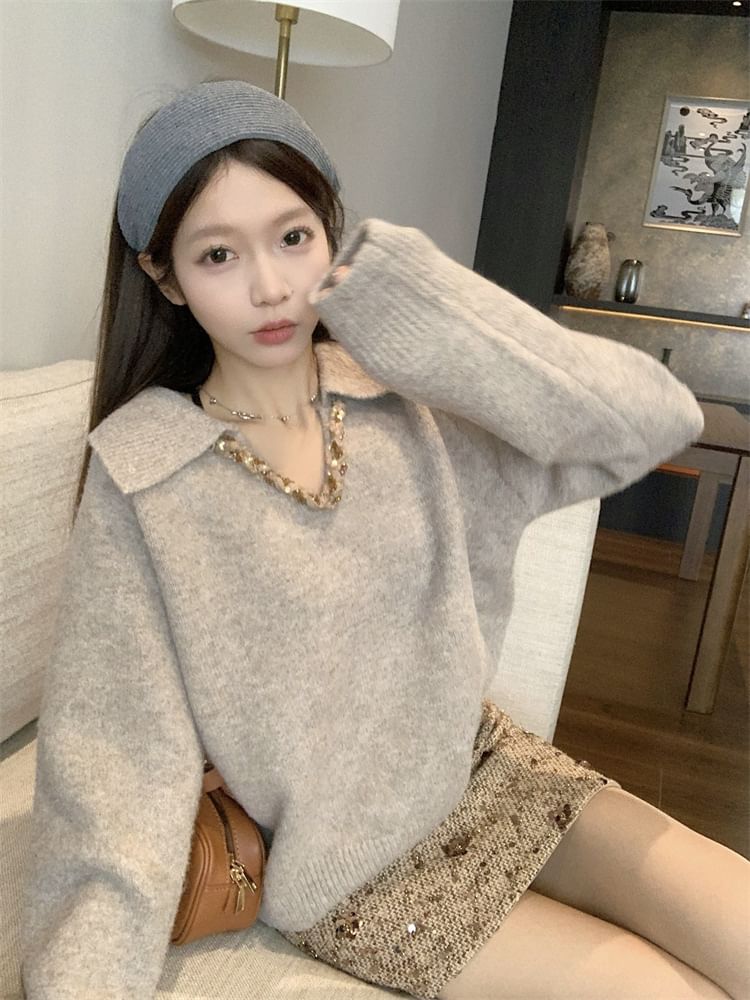 V-Neck Collared Knit Pullover